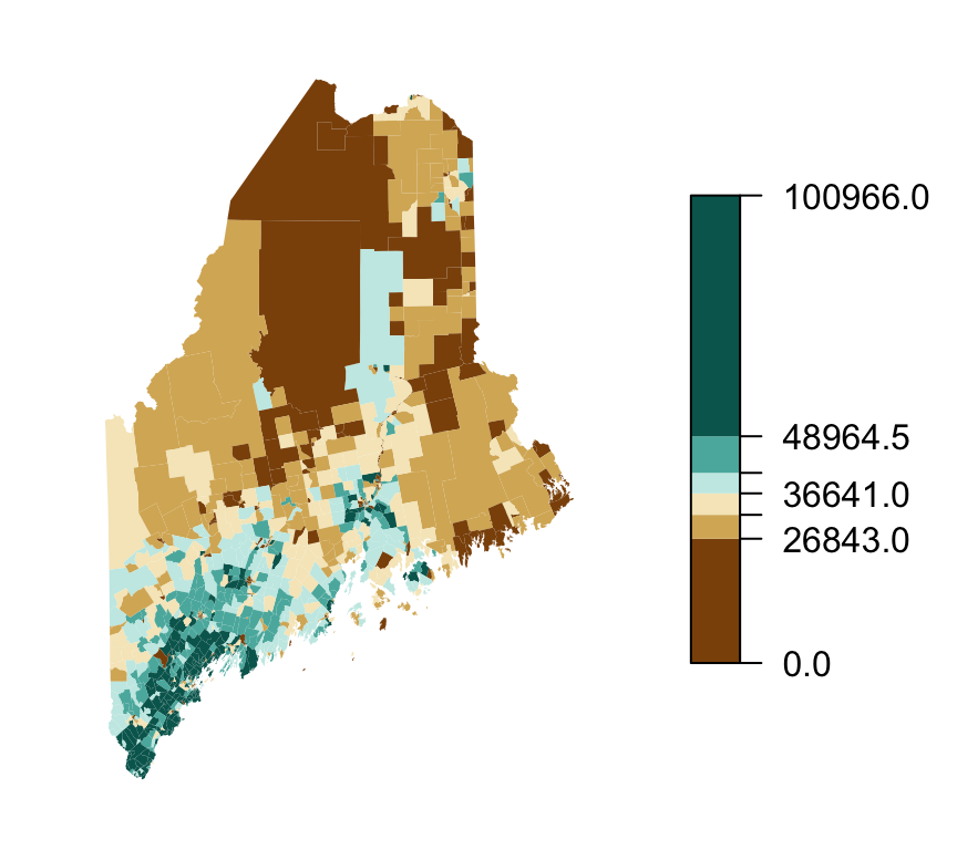 This map of household income uses a divergent color scheme where two different hues (brown and blue-green) are used for two sets of values separated by the median income of 36,641 dollars. Each hue is then split into three separate colors using decreasing lightness values away from the median.