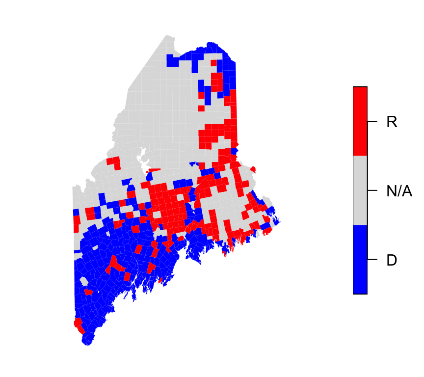 Map of 2012 election results shown in a qualitative color scheme. Note the use of three hues (red, blue and gray) of equal lightness and saturation.