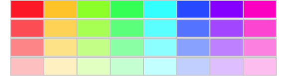 Eight different hues (across columns) with decreasing saturation values (across rows).