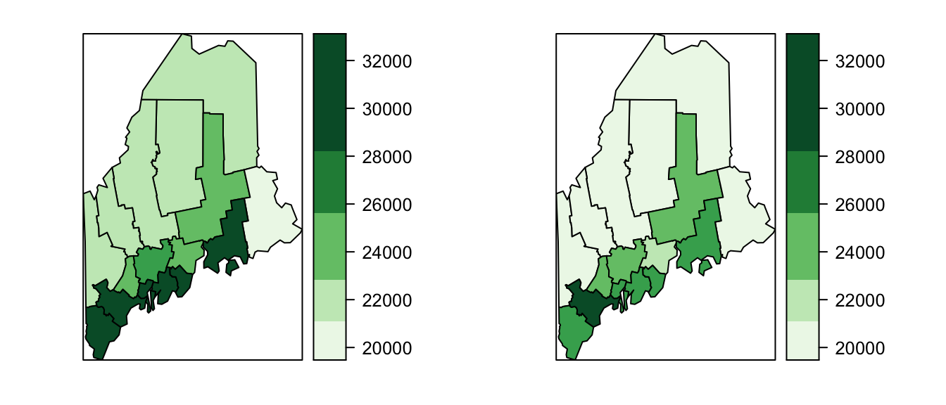 Maps of top end of 90 percent income estimate (left) and bottom end of 90 percent income estimate (right).