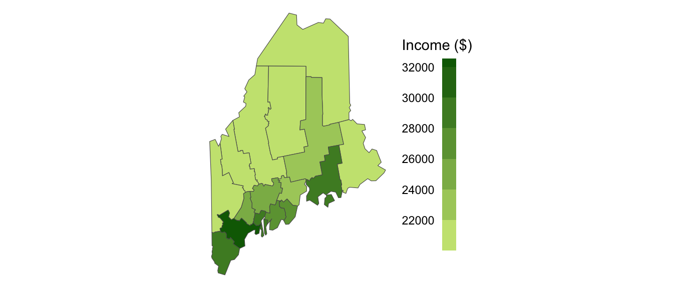 Map of 2020 median per capita income for Maine counties (USA).