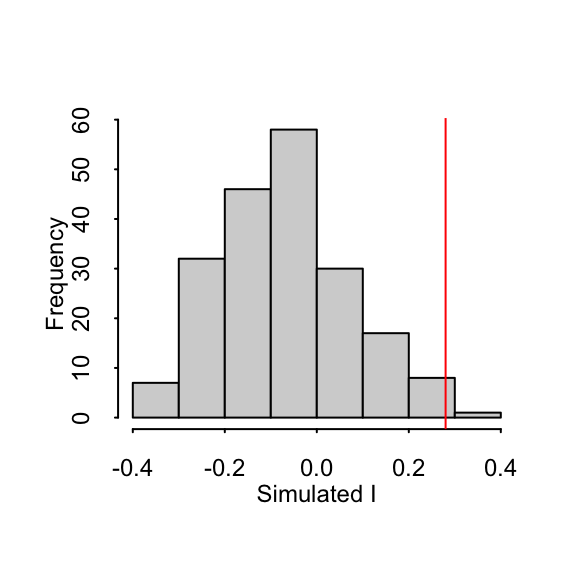 Histogram shows the distribution of Moran's *I* values for all 199 permutations; red vertical line shows our observed Moran's *I* value of 0.28.