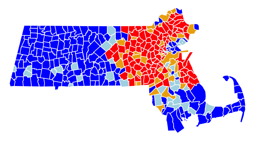 A map view of the low-low (blue), high-low (light-blue), high-high (red) and low-high (orange) counties.