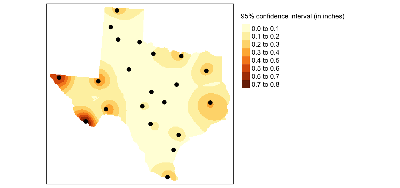 In this example an IDW power coefficient of 2 was used and the search parameters was confined to a minimum number of points of 10 and a maximum number of points of 15. The search window was isotropic. Each pixel represents the range of precipitation values (in inches) around the expected value given a 95% confidence interval.
