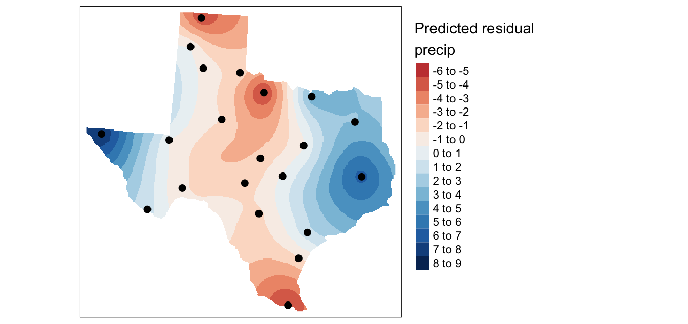 Krige interpolation of the residual (detrended) precipitation values.