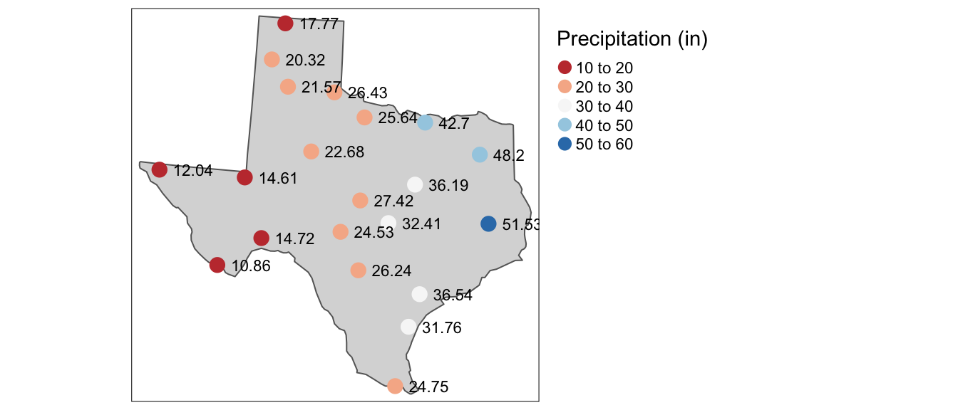 Average yearly precipitation (reported in inches) for several meteorological sites in Texas.
